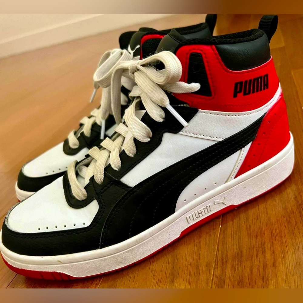 Puma Red, Black, and White High-Top Sneakers